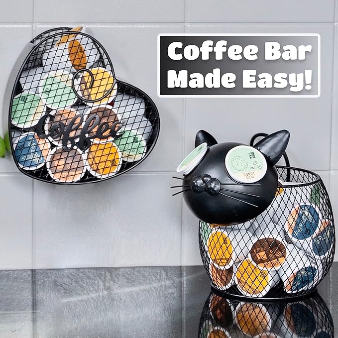Made Easy Kit Cat Coffee Pod Holder Basket – Metal K-Cup Organizer for Countertop Coffee Bar – Cute Kitchen Décor Storage for Keurig Pods, Creamers & Capsules (25 Pod Capacity)