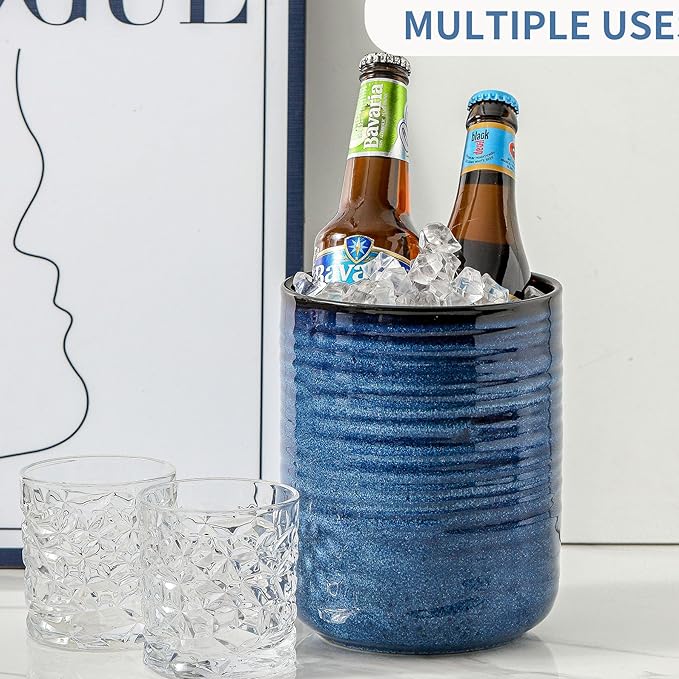 HASENSE Ceramic Kitchen Utensil Holder, 7.4" x 6.2" Large Countertop Utensil Crock, Stable Cooking Utensil Organizer for Spatulas, Spoons, Whisks & Tools, Modern Blue Kitchen Decor