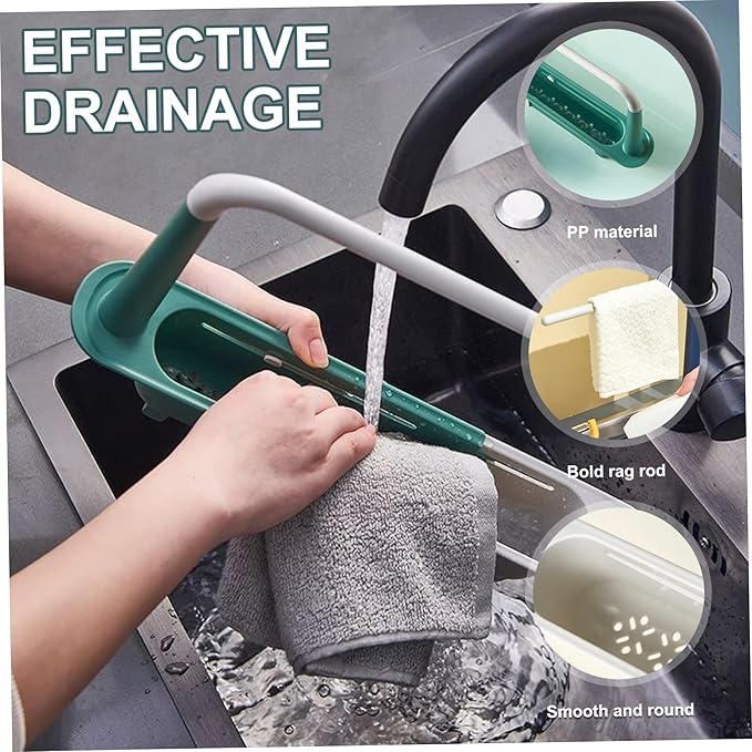 Dish Rack Over Sink, Telescopic Over-Sink Dish Drying Rack with Tray & Sponge Holder, Adjustable Drain Basket Organizer with Dishcloth Hanger for Home, Black