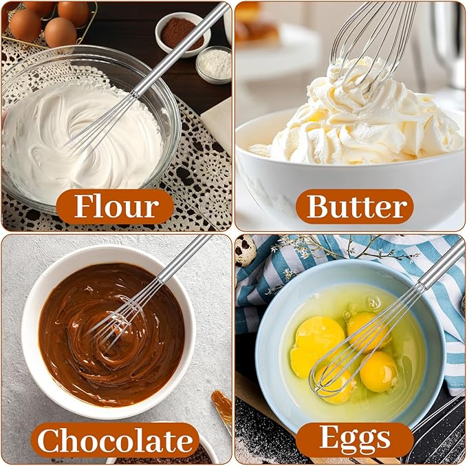Hecila Mini Whisk Stainless Steel Mixer Compact Small Whisks for Cooking 2PCS 10.4 Inch Long Baking Mixer Skinny Egg Beater Whisks Tiny Wire Whisk Kitchen Stirrer for Whisking Beating Egg Blending