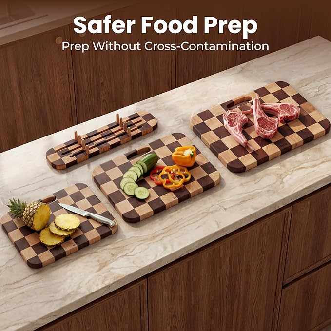 SMIRLY Wooden Cutting Boards for Kitchen, Double-Sided Cutting Board with Handle, Heavy Duty Solid Rubber Wood Cutting Board Set with Stand, 3 Pcs Cutting Boards Non Toxic for Meat Vegetable Fruit