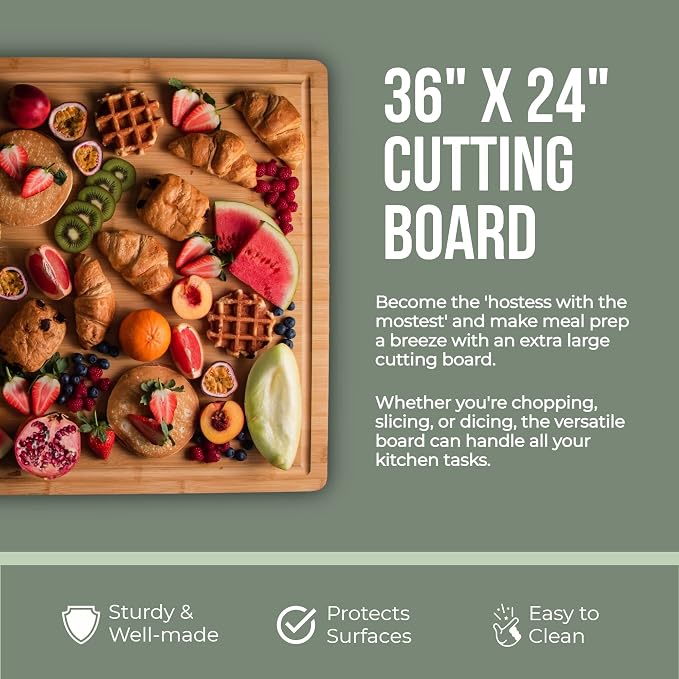 Gigantic Extra Large Cutting Board for Kitchens 36 x 24 - Heavy Duty Bamboo Chopping Boards Butcher Block Meat & Veg - Large Wooden Gas Stove Top & Countertop (36x24) Giant Noodle and Pasta Board XXXL