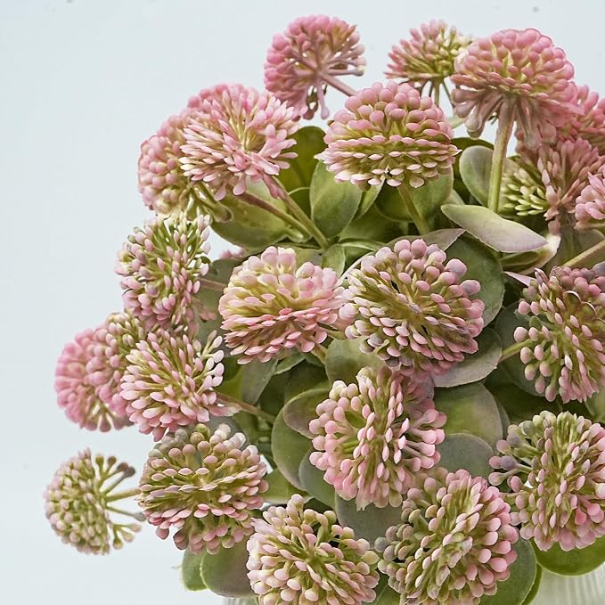 11 Inch Pink Pompon Mum Artificial Flower Balls in Pot - Eucalipto Artificial & Faux Greenery Centerpiece for Modern Home, Dining Table, Coffee Table & Shelf Decor