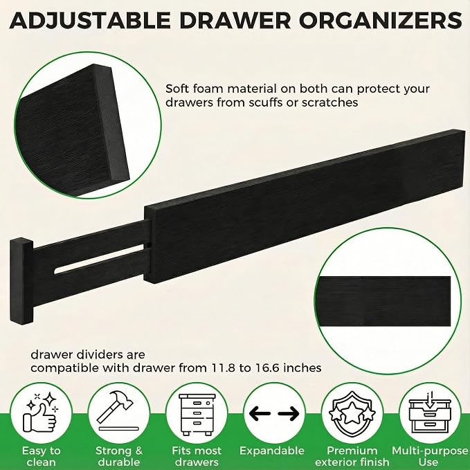 4 Pack Bamboo Drawer Dividers 2.6" High, Adjustable Length from 12 Inch to 17 Inch, Expandable Kitchen Drawer Organizer Separators for Clothes, Kitchen, Bedroom, Dresser, Office (Black)