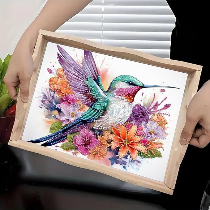 DIY Diamond Serving Tray Rectangular Breakfast Tray with Handle Handmade Diamond Art Painting Wooden Tray Spring Creative Dinner Plate Coffee Room Living Home Organizer-Hummingbird02