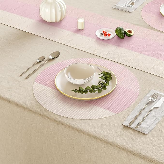 Round Placemats Set of 4, 15 Inch Woven Vinyl Heat Resistant Place Mats, Washable Non Slip PVC Table Mats for Kitchen Dining Party Outdoor Table Decor (Beige Pink, 4)
