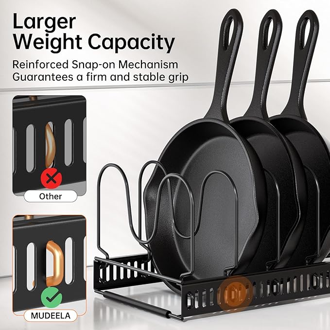 MUDEELA 8-Tier Heavy Duty Adjustable Pots and Pans Organizer and 10 Expandable Pans Organizer Rack for under Cabinet Bundle