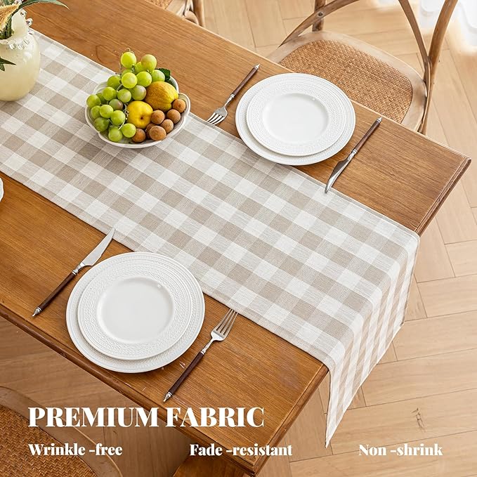 Alsoo Beige Gingham Table Runner 13 x 108 inches Long, Cotton Linen Farmhouse Checkered Kitchen Dining Table Decor for Home Party, Wrinkle Free
