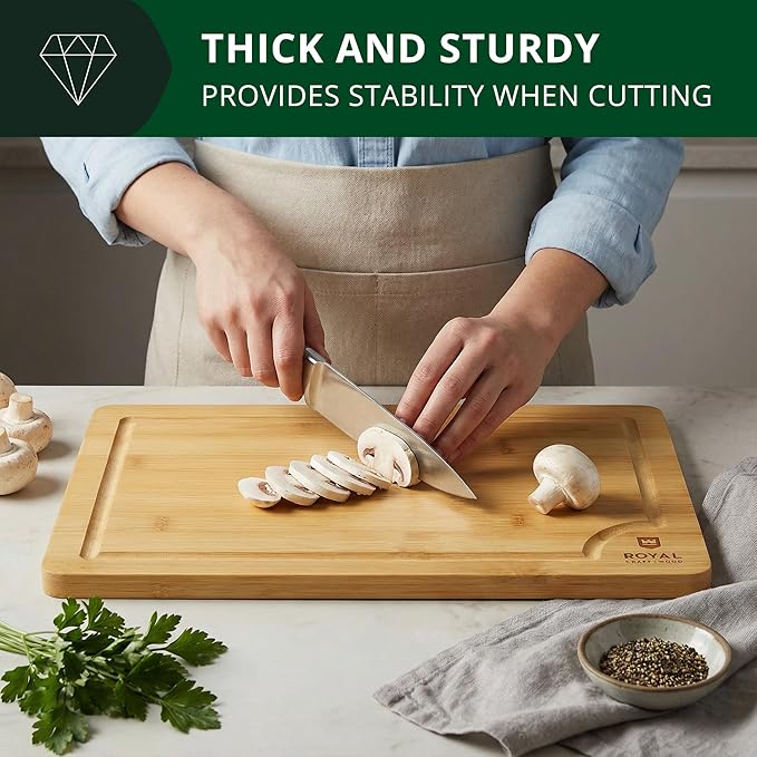 ROYAL CRAFT WOOD Bamboo Cutting Board with Juice Groove - Kitchen Chopping Board for Meat Cheese and Vegetables, Heavy Duty Serving Tray w/Handles (Large,10 x 15")
