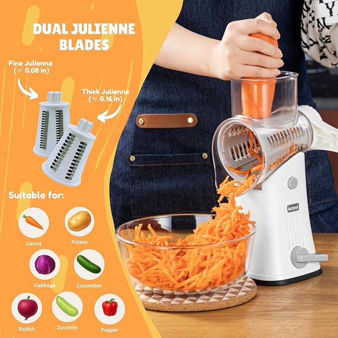 Rotary Cheese Grater - Vegetable Slicer Hand Crank, Fruit Cutter, Carrot Shredder, Nuts Grinder with 5 Stainless Steel Blades - Safe & Strong Suction Base with Handle