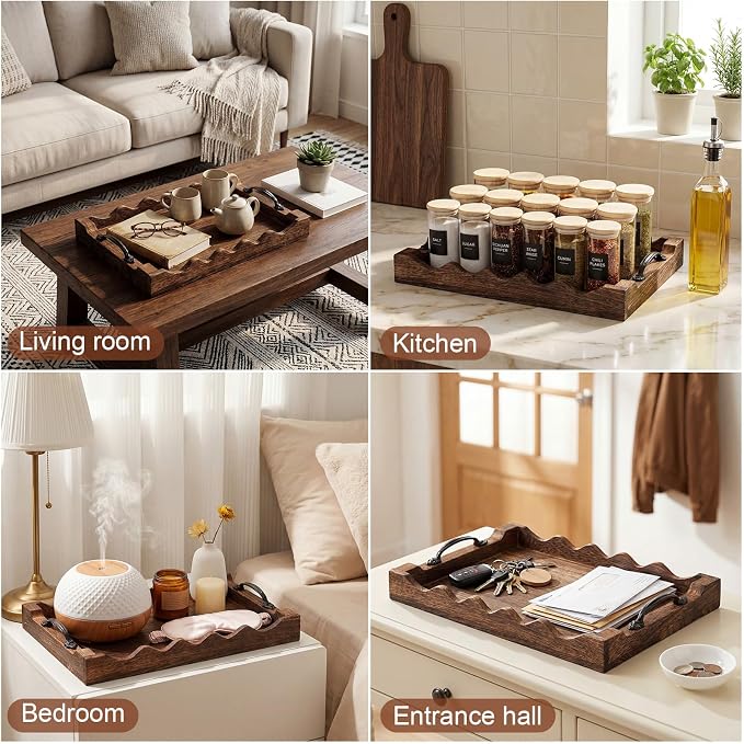 4 Pcs Rustic Wood Scalloped Serving Tray Wood Decorative Serving Tray with Handle Rustic Rectangular Platter 13 x 9.5 for Farmhouse Ottoman Breakfast Coffee Table Home Kitchen Decor(Brown)