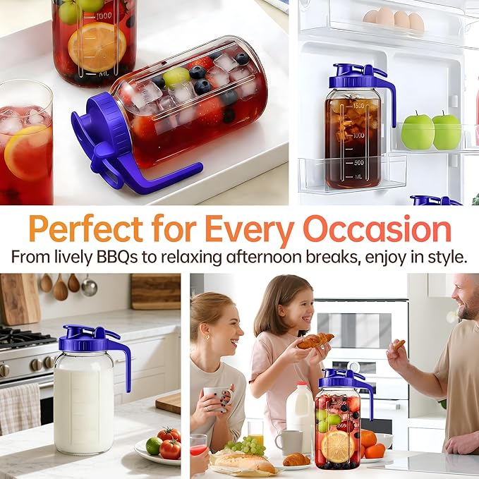 32oz Glass Pitcher with Lid & Spout – 1 Quart Mason Jars, Airtight & Leakproof Breastmilk Pitcher for Cold Brew Coffee, Sun Tea, Water, Juice – Wide Mouth, Fridge Safe