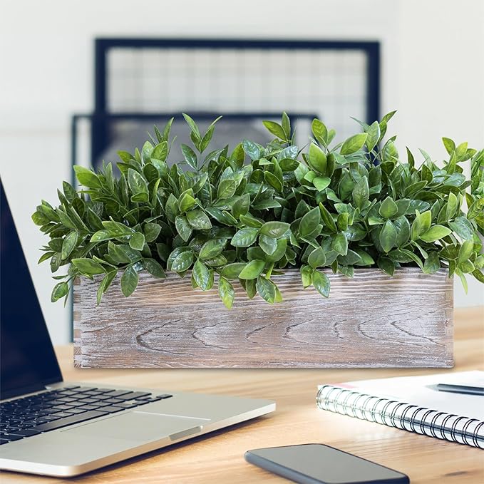 Winlyn 14" Faux Boxwood Plant in Rectangular Wood Planter Box Rustic Greenery Arrangement Artificial Potted Herb Plant for Farmhouse Home Decor Wedding Mantel Shelf Windowsill Dinner Table Centerpiece