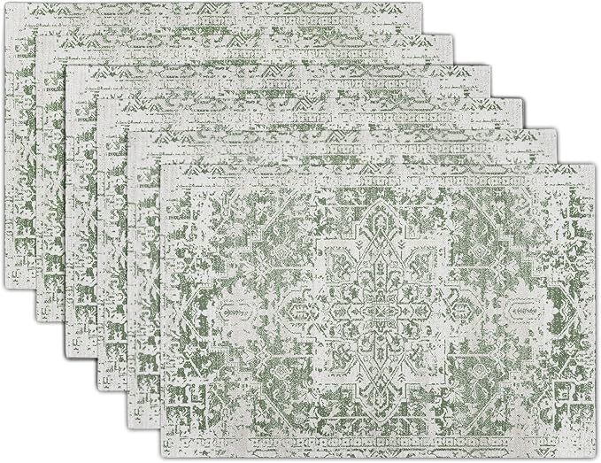 Gray Sage Green Boho Placemats Set of 6 Ethnic Bohemian Carpet Place Mats Washable Kitchen Dining Vintage Grey Geography Floral Linen Table Mats Stain Heat-Resistant for Home Party Indoor 12x18 in