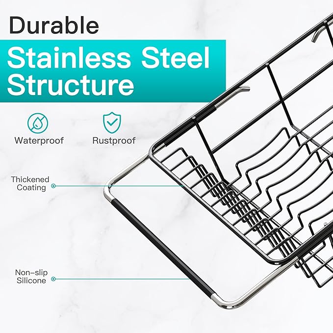 JASIWAY Dish Drying Rack in Sink, Expandable Stainless Steel Dish Drainers for Kitchen Counter, Space Saving Dish Dryer Rack with Drainboard, Over The Sink Dish Racks with Utensil Holder, Black