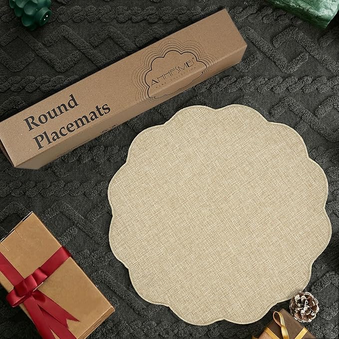 AHHFSMEI Round Faux Linen Placemats Set of 4 Heat Resistant Non-Slip Stain Proof Table Mats for Kitchen Dining Elegant Decor Place Mats (Linen Beige,4)