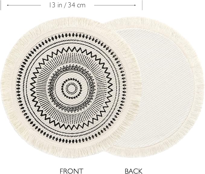LOMOHOO Set of 6 Round Placemats 13 Inch Fall Table Mats Boho Cotton Woven Mandala Tassels Heat Proof Washable Circle Place Mat for Kitchen Dining Wedding Farmhouse Home Decoration