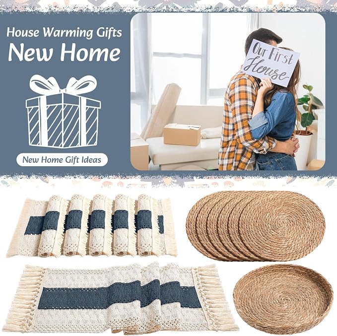 Boho Placemats 4/6/8 Set of Round Woven Placemat Macrame Style Bicolor Stitching Long Table Runner Farmhouse Rustic Natural Burlap Cotton for Kitchen Dining Table(6 Sets,Blue,12x72)