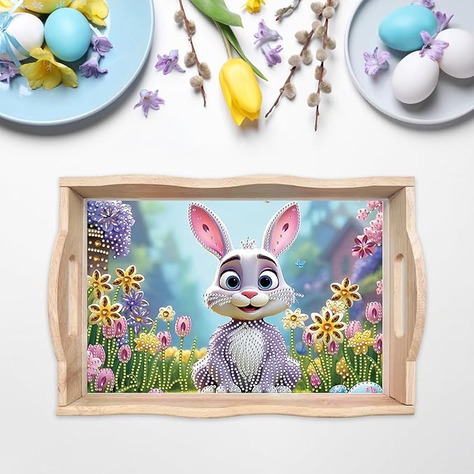 BAYUNOE 2Pcs DIY Diamond Serving Tray Rectangular Breakfast Tray with Handle Handmade Diamond Art Painting Wooden Tray Spring Creative Dinner Plate Coffee Room Living Home Organizer-03