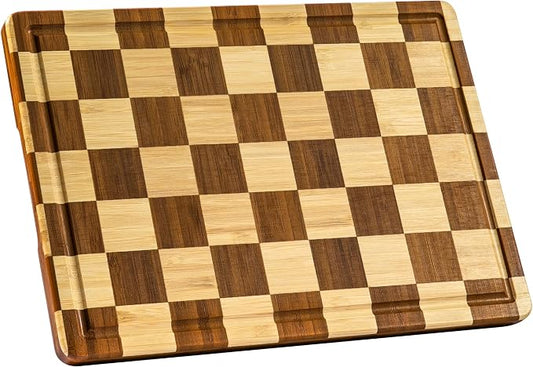 Bamboo Cutting Boards for Kitchen, Checkered Thick End Grain Wood Chopping Board with Juice Groove, Butcher Block for Meat, Bread & Fruit, Medium, 14"L x 10"W x 0.8"Th