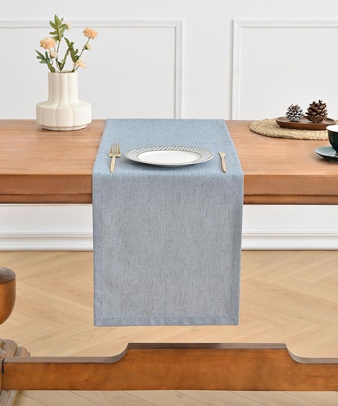 Wracra Linen Style Table Runner, Rustic Farmhouse Chambray Dusty Blue Table Runners 60 Inches Long, Handcrafted Table Runner for Fall, Winter - Everyday Use and Machine Washable