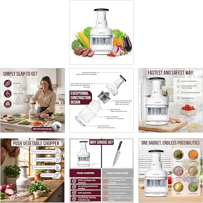Manual Vegetable Chopper, Food Slicer, Garlic Chopper, Best for Vegetables Salads, Onion, Fruits, And Nuts. Dishwasher-safe, White, Easy to Clean