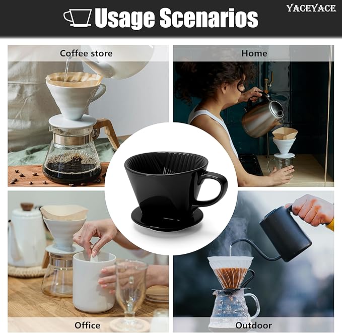 Coffee Pour Over, Ceramic Coffee Dripper with Single Hole, Black Ceramic Coffee Dripper, Slow Filter for Travel, Home, Camping, Office