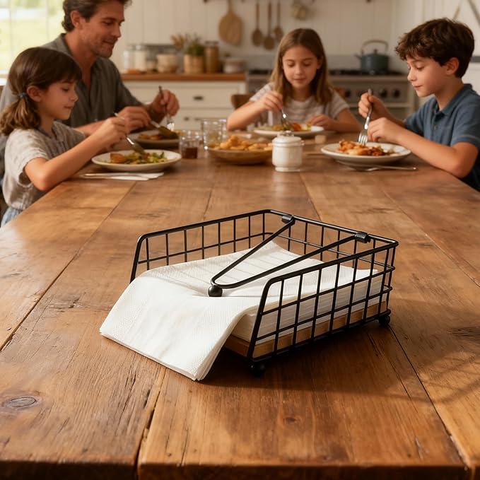Napkin Holder for Table, Farmhouse Wooden Napkin Holder with Weighted Arm Iron Ball, Vintage Decor for Kitchen Countertop Bar Restaurant Indoor Home (Black Iron with Wood)
