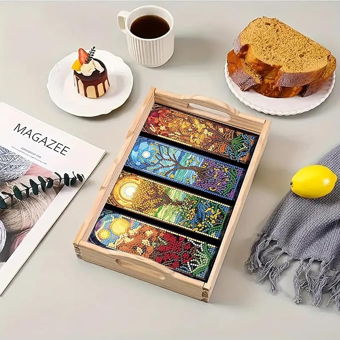 BAYUNOE DIY Diamond Serving Tray Rectangular Breakfast Tray with Handle Handmade Diamond Art Painting Wooden Tray Spring Creative Dinner Plate Coffee Room Living Home Organizer-Four Seasons Scenery