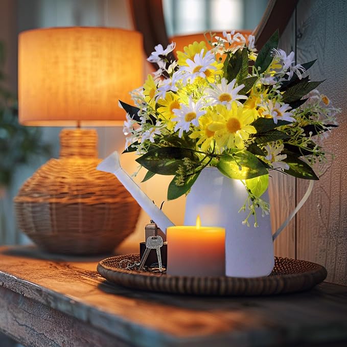 Eksen Artificial Daisy Flowers in Metal Pot with LED Lights & Timer – Silk Flower Arrangement, Faux Floral Table Centerpiece Decoration for Dining Room, Farmhouse, Home, Kitchen, Office,Spring Décor