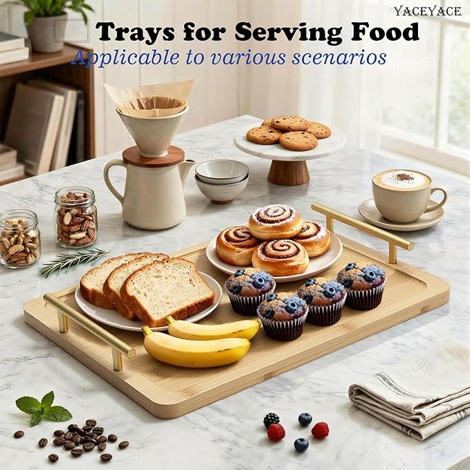 Serving Tray with Metal Handles, 14" x9.5 x1.75 Medium Bamboo Serving Trays for Home Decor, Bathroom, Kitchen Counter, Coffee Table