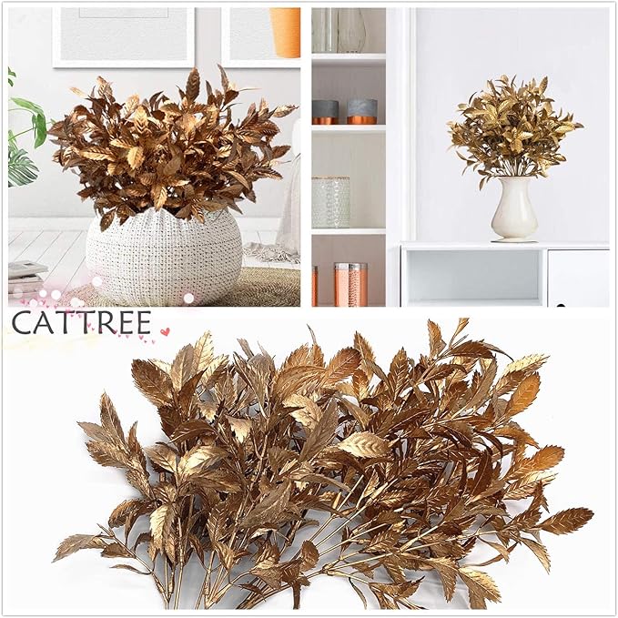 CATTREE Artificial Plants for Christmas, Plastic Grass Faux Shrubs Fake Leaves Simulation Bushes Home Indoor Outdoor Garden Wedding Festival Decoration Hall Office Table Planter Filler – Gold 2 Pack