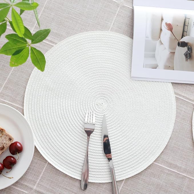 Winknowl 15 Inch Round Braided Placemats Set of 4, Washable Cotton Polyester Table Mats, Heat Resistant Non-Slip Place Mats for Kitchen Dining Table Decor (White,4pcs)