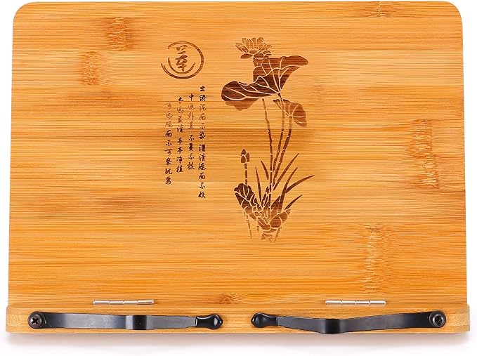 MEGREZ Bamboo Book Stand 11 x 8.0 inch, Foldable Cookbook Holder with 6 Adjustable Height, Reading Book Holder for Recipe, Music Book, Textbook, Tablet Stand, The Language of Lotus