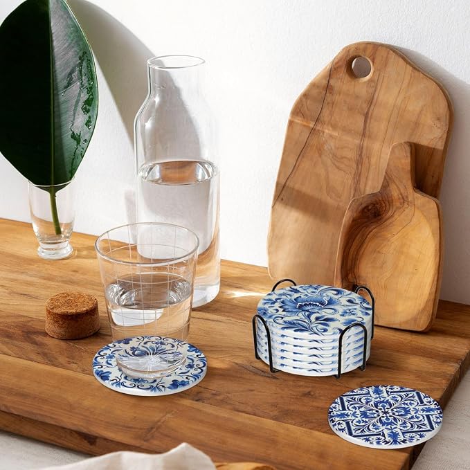 Coaster for Drinks Set of 6, Blue Vintage Spanish Ceramic Floral Absorbent Round Ceramic Stone Mat, with Cork Base and Metal Holder, Gift for Housewarming Room Bar Decor (Azulejo Tile-4)