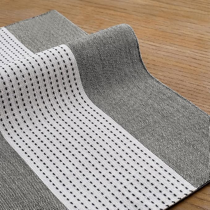 Wracra Linen Placemats Set of 4, Black Macrame Place Mats for Kitchen Table | Stripe Placemats 12 x 18 Inch; Heat Resistant Table Mats; Premium Cotton Linen Woven Fabric; Delicate Splicing Designs