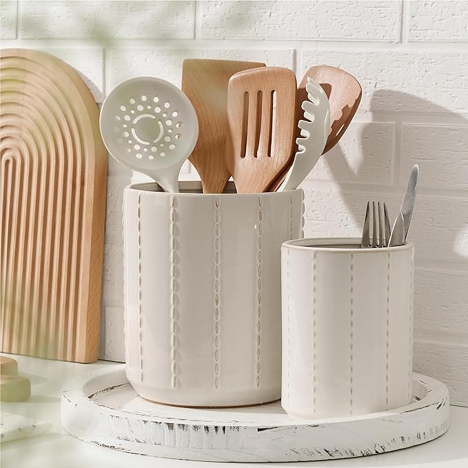 JIEMEI HOME Kitchen Utensil Holder, Large 7.5"+6.2" Bead Chain Ceramic Utensil Crock for Countertop, Utensil Holder with Cork Mat, Morden Utensil Organizer for Spatula, Kitchen Decor, Set of 2, White