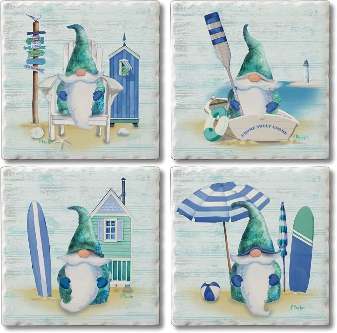 Thirstystone Coastal Gnomes 4 Pack Assorted Tumbled Tile Stone Coasters with Protective Cork Backing Manufactured in The USA Absorbent Easily Wipes Clean