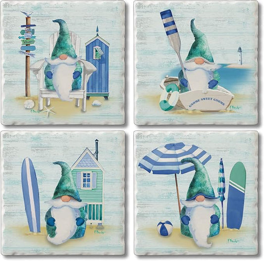 Thirstystone Coastal Gnomes 4 Pack Assorted Tumbled Tile Stone Coasters with Protective Cork Backing Manufactured in The USA Absorbent Easily Wipes Clean