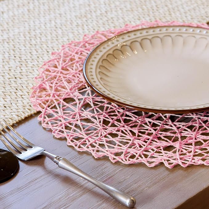 AHHFSMEI Paper Braided Round Placemats Set of 6 Natural Non-Slip Heat Resistant Table Mats for Dining Tables Woven Indoor Outdoor Place mats(Pink)