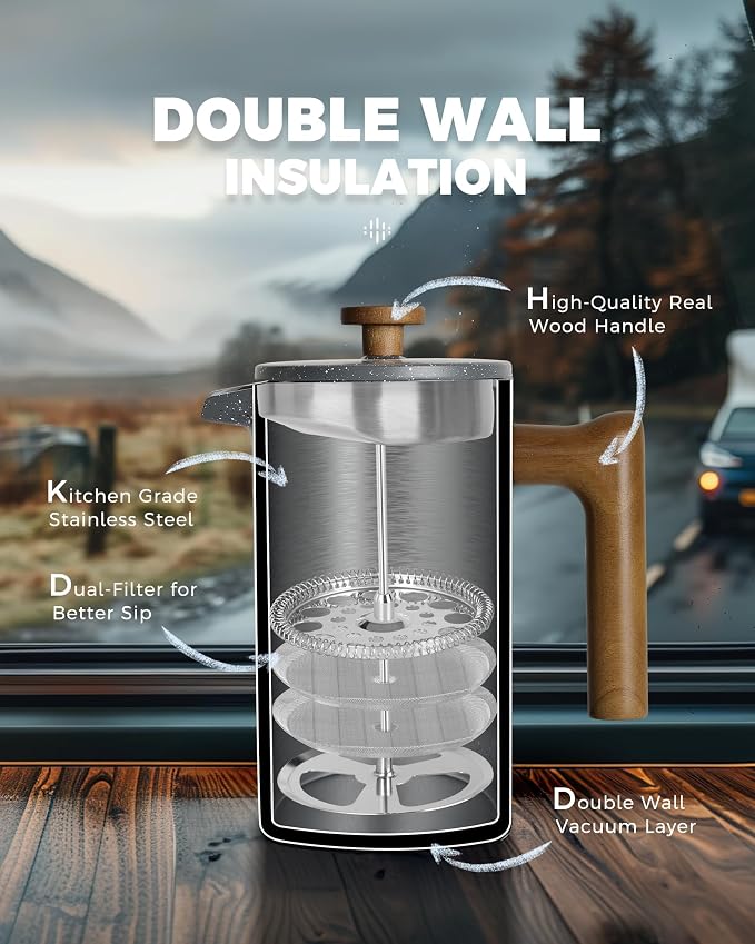 POLIVIAR French Press Coffee Maker, 34 Ounce Coffee Press with Real Wood Handle, Double Wall Insulation & Dual-Filter Screen, Food Grade Stainless Steel for Good Coffee and Tea (Lava) | Real Wood Handle Coffee Press, Double Wall Insulation, Dual-Filter...