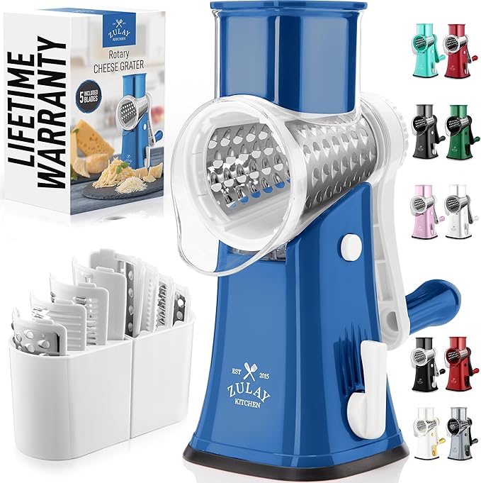 Zulay Kitchen Rotary Cheese Grater 5 Blade Cheese Shredder - Manual Hand Crank Cheese Grater With Reinforced Suction & 5 Interchangeable Drums - Easy to Use, Vegetable Chopper Round Mandoline Slicer
