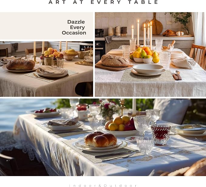Leetaltree Sparkling Beige and Gold Vinyl Woven Placemats Set of 8 - Durable - Washable - Wipeable Dining Table Place Mats, Suitable for Indoor & Outdoor Use - Hand-Cut
