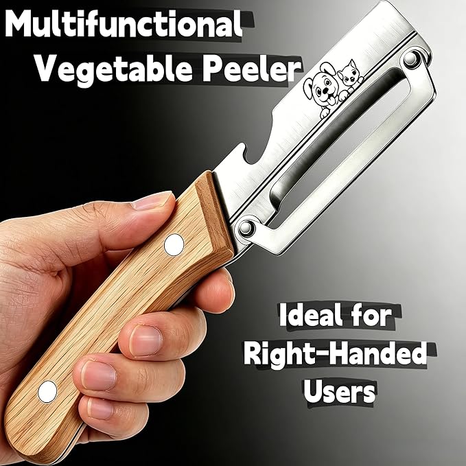 Maxjoy Multifunctional Vegetable Peeler, Zero Flex & Zero Snag, Stainless Steel with Wooden Handle, 2 in 1 Peeler with Bottle Opener for Potato Apple Carrot Fruit