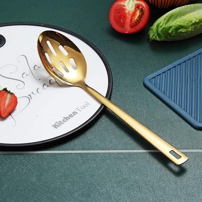 Gold Cooking Spoon, Berglander Stainless Steel Slotted Spoon Titanium Gold Plating, Kitchen Serving Basting Spoon For Cooking, Dishwasher Safe, Easy to Clean