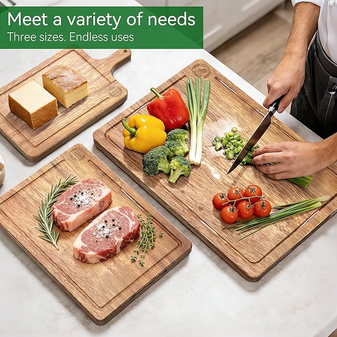 Acacia Wood Cutting Board Set of 3 – Non-Toxic & Pre-Oiled Cutting Boards for Kitchen, Chopping Boards with Holder, Juice Groove, Reversible Serving Board, Labeled Icons for Meat Cheese Vegetables