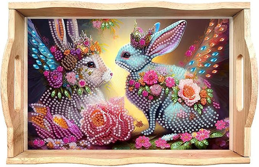 DIY Diamond Serving Tray Diamond Art Painting Creative Design Handmade Wooden Tray Dinner Plate for Coffee Breakfast Home Organizer-Rabbit