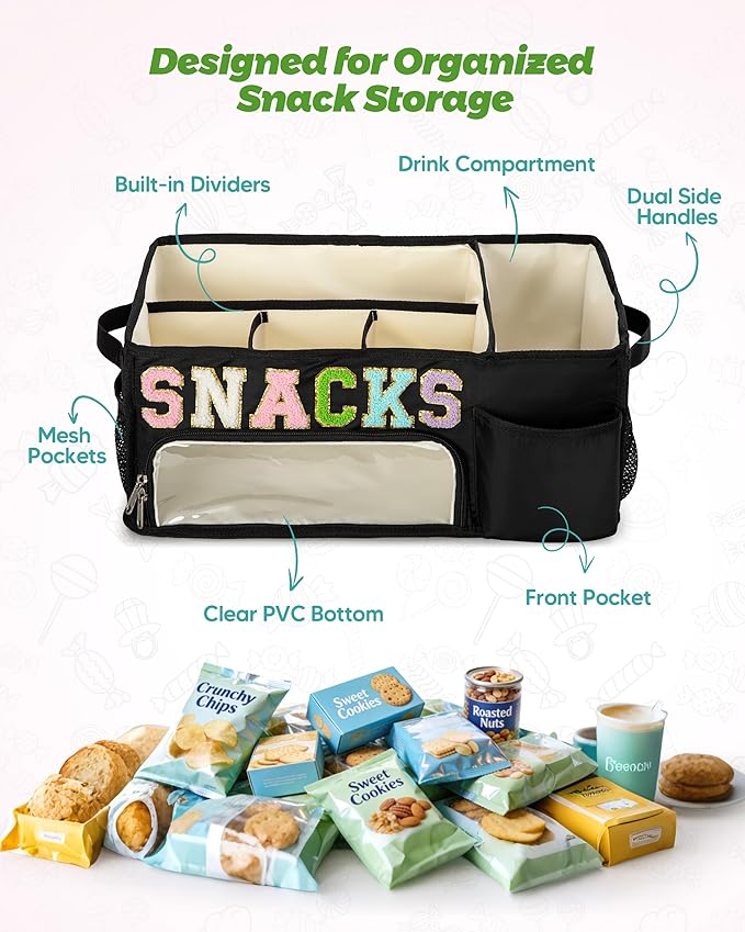 Fasrom Large Snack Organizer for Countertop, Chenille Letter Snack Basket Organizer with 6 Compartments, Pantry Storage Bin with Handles, Food Container Snack Box for Chips, Candy, and Snacks, Black