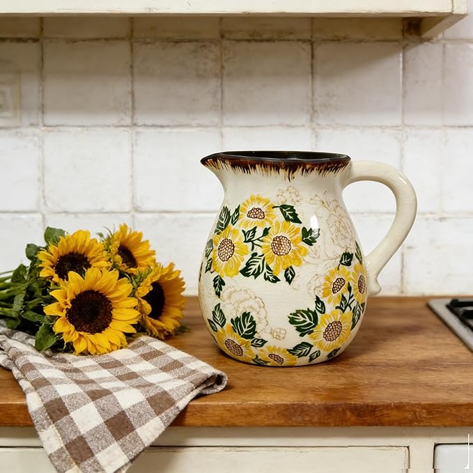 Ceramic Utensil Holder for Kitchen Counter, 6.1 Inch Modern Farmhouse Rustic Cooking Utensil Holder for Countertop Home Decor, Vintage Utensil Organizer Crock for Cooking & Spoon Tools (Sunflower)