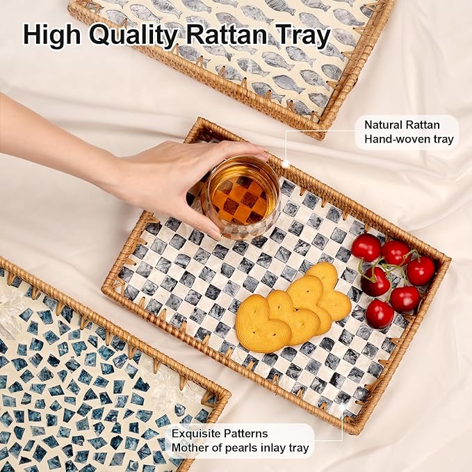 Rectangle Rattan Tray with Mother of Pearl Inlay, Rattan Serving Tray with Handle for Coffee, Bread, Fruits, Snacks, Decorative Wicker Tray for Table Decor (Black Checkerboard, 13"×9")